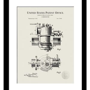 May include: A black and white illustration of a carburetor patent drawing. The drawing shows the different parts of the carburetor and how they work together. The patent number is 117,940 and the date is April 4, 1916.