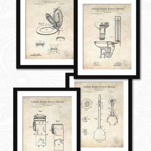 Unique Bathroom Wall Art | Vintage Patents of Toilet Paper Roll, Water Closet, Toilet Seat Cover, and Toilet Plunger | Set of Four Prints