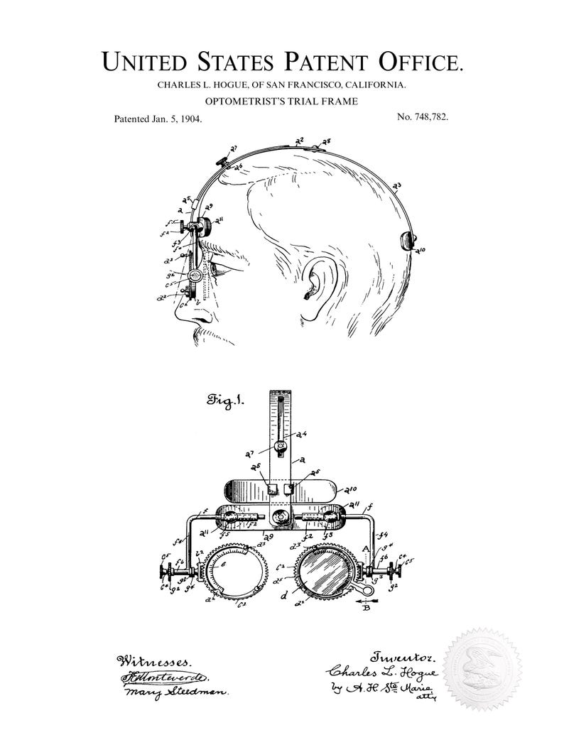 Optometry Line Drawing Vintage Optometrist Work | 1904 Trial Frame Patent | Wall Art for ...