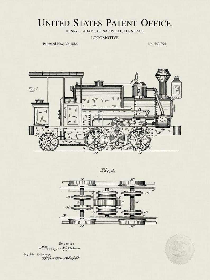 Vintage Train Decor | 1886 Locomotive Patent | Vintage Railway Art ...