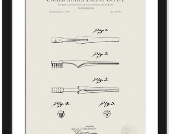 Classic Bathroom Decor | 1950 Toothbrush Patent | Unique Dental Care Wall Art | Toothbrush Print for Bathroom | Available as Print or Framed