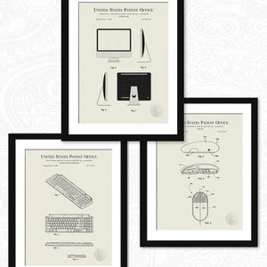 May include: Three framed black and white patent drawings for a computer, keyboard, and mouse. The computer patent drawing shows a side view of a computer monitor and a front view of a computer with a monitor and keyboard. The keyboard patent drawing shows a top view of a keyboard. The mouse patent drawing shows a top view of a mouse.