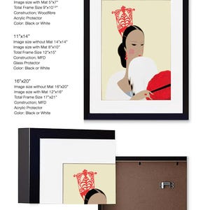 May include: Framed art print featuring a stylized illustration of a woman with a red headdress and fan. The artwork is set against a cream background and framed in black. Available in 8x10, 11x14, and 16x20 inch sizes.