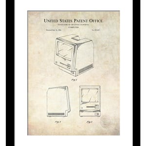May include: A black and white line drawing of a computer patent. The patent is for a computer designed by Steven Jobs of Los Gatos, California. The patent was filed on September 16, 1986 and the patent number is 285,687. The drawing shows different views of the computer.