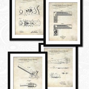 May include: Four framed patent prints featuring vintage woodworking tool diagrams. Each print is in a black frame, showcasing detailed illustrations of a plane, carpenter's square, hammer, and saw. The prints are labeled "UNITED STATES PATENT OFFICE."
