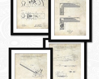 May include: Four framed patent prints featuring vintage woodworking tool diagrams. Each print is in a black frame, showcasing detailed illustrations of a plane, carpenter's square, hammer, and saw. The prints are labeled "UNITED STATES PATENT OFFICE."