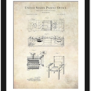 May include: A framed vintage patent print of a Polygraph machine, dated November 19, 1945, with detailed technical drawings. The print includes diagrams of the machine's components and a drawing of a chair. The text "UNITED STATES PATENT OFFICE" is at the top.