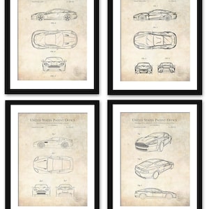 May include: A set of four vintage-style prints featuring a black and white line drawing of a car. Each print has the text "United States Patent Office" at the top and includes a different view of the car. The prints are on a beige background.