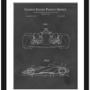 May include: A black and white patent drawing of a racing car design. The drawing shows two views of the car, one from the front and one from the side. The patent is titled "Racing Car" and was patented on September 4, 2012. The patent number is 8,256,836.