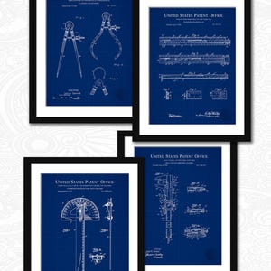May include: Four framed patent prints displaying white technical drawings on a blue backdrop. The prints depict various measuring instruments, such as calipers and protractors. Each print is labeled "UNITED STATES PATENT OFFICE" at the top.