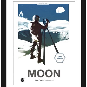 May include: A retro-style poster with a blue and white color scheme depicting an astronaut standing on the moon, taking measurements with a tripod. The poster features the text "MODERN EXPLORERS", "LUNAR ARCHITECT", "MOON", and "EXPLORE MOON & MARS".