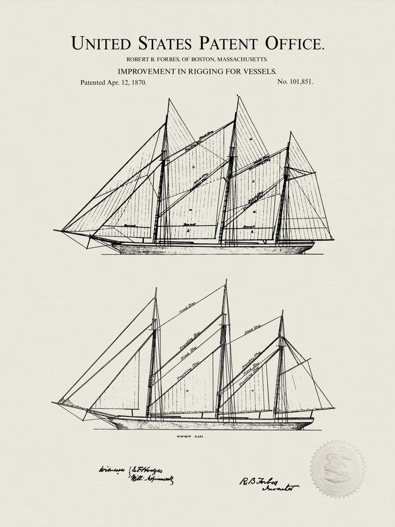 Vintage Tall Ship Print | 1870 Sailing Ship Patent | Nautical Wall Art ...