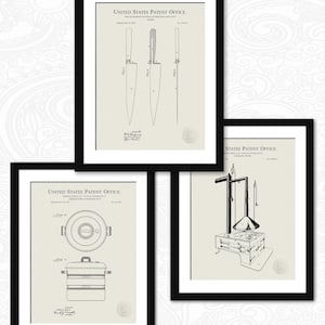 May include: Three framed patent prints featuring knife designs, a cooking pot design, and a cooking stove design. The prints are black and white, with the text "United States Patent Office" at the top of each frame.