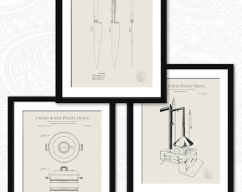 Chef’s Vintage Patent Set | Knife, Cooking Pot & Stove Art | Gift for Chef or Foodie | Kitchen or Restaurant Wall Decor | Set of 3 Prints
