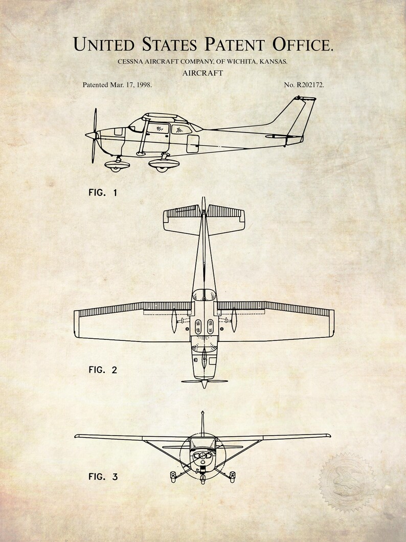 May include: A vintage patent illustration of an aircraft, featuring three views: side, top, and front. The text reads "United States Patent Office" and "Cessna Aircraft Company, of Wichita, Kansas." The patent date is March 17, 1998. The design is in black ink on a beige background.