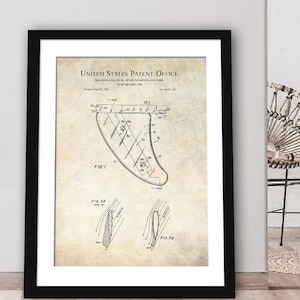 May include: A vintage black and white illustration of a surfboard fin patent. The patent is titled "Surfboard Fin" and was patented on April 28, 1962. The patent drawing shows a side view of the fin, with various angles and details labeled.