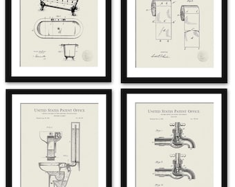 Vintage Washroom Decor | 1891 Toilet Paper Roll, 1892 Water Closet, 1898 Faucet, 1895 Clawfoot Bathtub Patents | Set of Four Prints