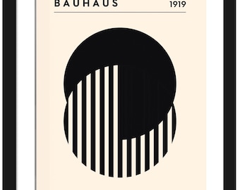 May include: A black and white minimalist poster with the text "BAUHHAUS 1919" and a geometric design of a circle with stripes.