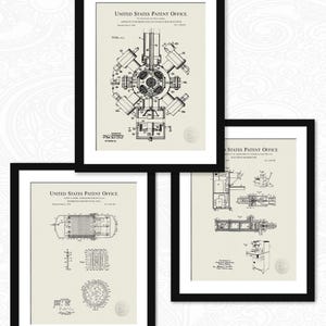 May include: Three black framed prints of vintage patent drawings. The top print shows a diagram of a "Multiple-Motor Apparatus for a Car." The middle print shows a diagram of a "Storage Battery Cell." The bottom print shows a diagram of a "Electro-Magnetic Type of Machine." Each print includes the text "United States Patent Office."