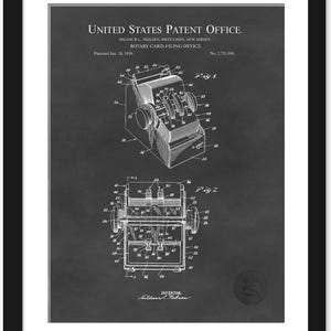 May include: Framed patent illustration of a rotary card-filing device, with detailed diagrams and text from the United States Patent Office. The print features technical drawings and the inventor's name, Hildaur L. Nielsen.