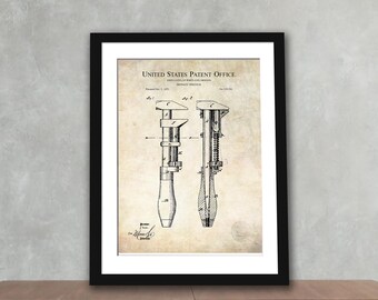 Impression antique de clé à molette | Clé à molette brevetée de 1871 | Cadeau pour mécanicien | Art déco d'atelier | Cadeau pour amateur d'outils