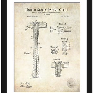 Antique Hammer Print | 1924 Hammer Design Patent | Gift for DIY Enthusiasts | Workshop Wall Art | Vintage Tool Decor