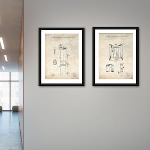 May include: Two framed black and white patent drawings of a lift system. The top drawing shows a detailed diagram of the lift mechanism. The bottom drawing shows a side view of the lift car.