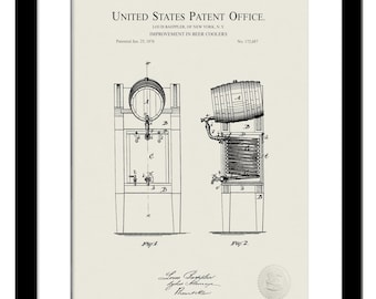 Antique Beer Cooler Patent | 1876 Draft Dispenser Design | Vintage Brewery Wall Art | Home Bar Decor | Gift for Beer Lovers