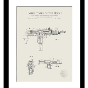 Uzi Submachine Gun Design Print | 1982 Uzi Gal Semi-Automatic Firearm Patent | Iconic Military Weapon Art | Tactical Gun Decor