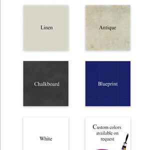 May include: Image showcasing a selection of background colors for product listings. The options include Linen, Antique, Chalkboard, Blueprint, and White. Custom colors are available upon request, indicated by a paintbrush with a rainbow trail.