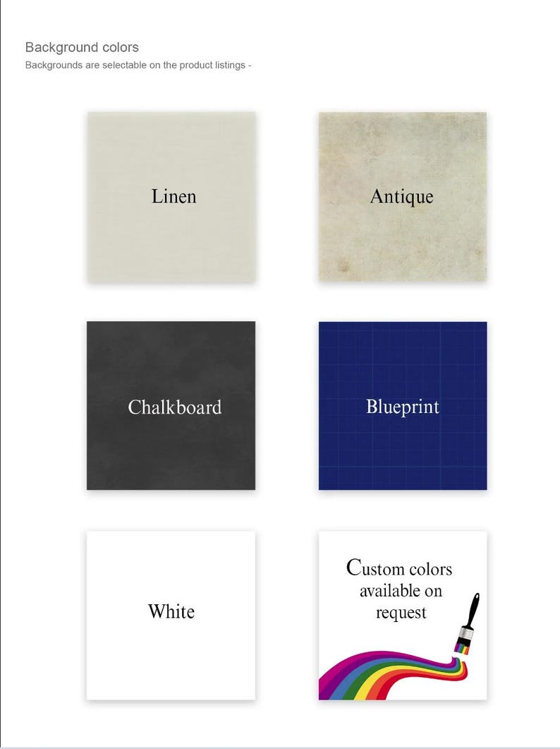 May include: Image showcasing a selection of background colors for product listings. The options include Linen, Antique, Chalkboard, Blueprint, and White. Custom colors are available upon request, indicated by a paintbrush with a rainbow trail.