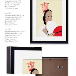 May include: Framed art print featuring a stylized illustration of a woman with a red headdress and fan. The artwork is set against a cream background and framed in black. Available in 8x10, 11x14, and 16x20 inch sizes.