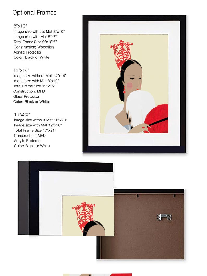 May include: Framed art print featuring a stylized illustration of a woman with a red headdress and fan. The artwork is set against a cream background and framed in black. Available in 8x10, 11x14, and 16x20 inch sizes.
