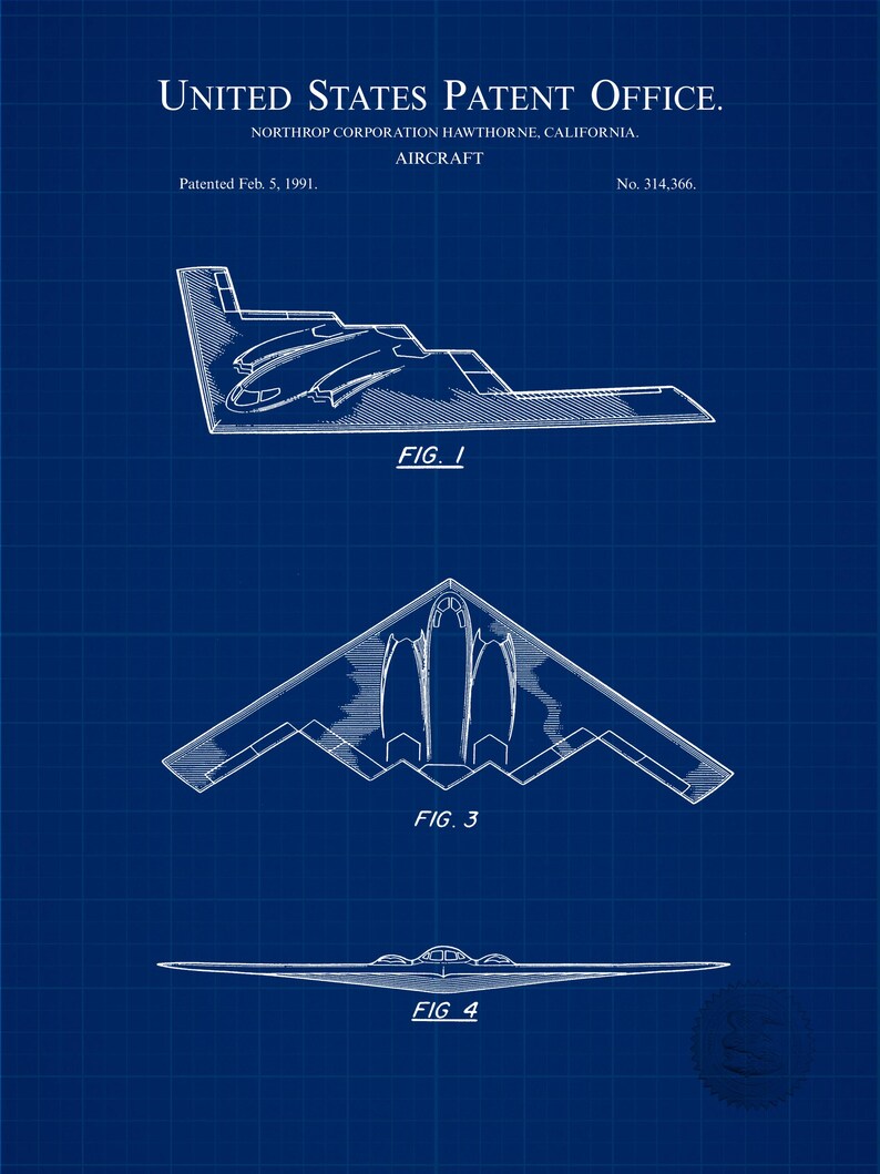 B2 Stealth Bomber Print 1991 Northrop Aircraft Patent Gift for