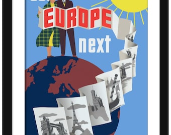 Visit Europe Travel Poster | Restored 1950s Europe Travel Print | Antique Travel Agency Wall Art | Iconic Europe Destinations |
