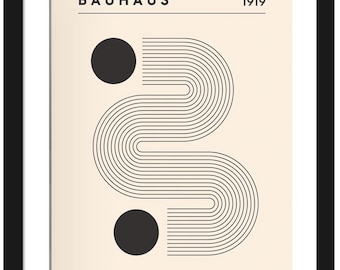May include: A black and white minimalist art print with a geometric design of curved lines and two black circles. The print has the text "BAUHAUS" and "1919" at the top.