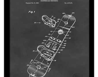 May include: Black and white line drawing of a snowboard binding patent. The patent is titled "Snowboard Binding" and was patented on February 25, 2003. The patent number is 6,523,851.