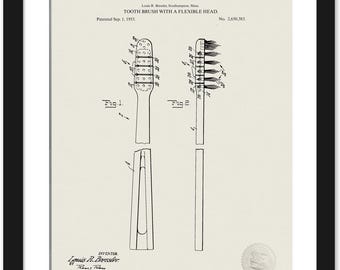 Vintage Bathroom Art | 1953 Toothbrush Patent | Dental Care Wall Decor | Fun Bathroom Art | Available as Print or Framed