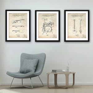 Rock Band Collection | Set of 3 Patent Prints Featuring Guitar, Bass & Drum Designs | Vintage Rock Decor | Perfect Gift for Musicians