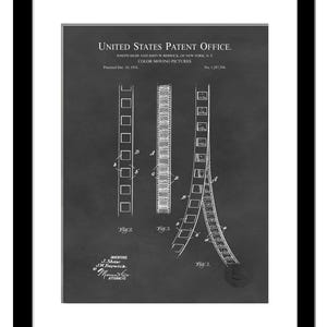 May include: A black and white patent drawing of a film strip for colour moving pictures. The patent was filed in 1918 by Joseph Shaw and John W. Berwick. The drawing shows three different views of the film strip.