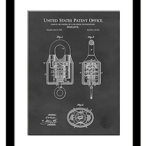 May include: A black and white patent drawing of a padlock design. The drawing shows three different views of the padlock, labelled "Fig. 1", "Fig. 2", and "Fig. 3". The patent was issued to Samuel McCarter of Lancaster, Pennsylvania on 20 July 1885. The patent number is 323,185.