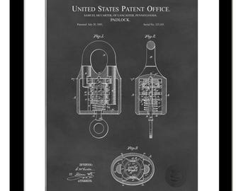 Antique Lock Design | 1885 Padlock Patent  | Vintage Lock Art | Gift for Collectors | Classic Industrial Decor