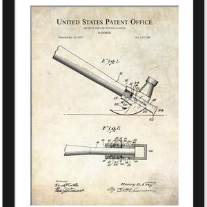 Antique Hammer Design Print | 1915 Hammer Patent | Gift for DIY Enthusiasts | Workshop Wall Art | Vintage Tool Decor