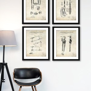 Vintage Plumbing Tools Patent Art Set | Pipe Wrench, Hacksaw, Sanitary Fitting & Pipe Cutter Prints | Workshop / Garage Wall Decor