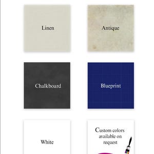 May include: Image showcasing a selection of background colors for product listings. The options include Linen, Antique, Chalkboard, Blueprint, and White. Custom colors are available upon request, indicated by a paintbrush with a rainbow trail.