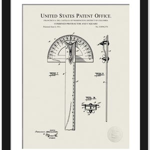 May include: A framed patent print of a combined protractor and T square, dated June 6, 1911. The black and white technical drawing includes detailed diagrams and measurements, with the text "United States Patent Office" at the top.