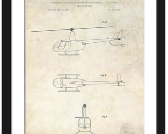 Vintage Helicopter Art | Robinson R44 Helicopter Patent Reproduction | Gift for Aviation Enthusiasts | Historic Rotorcraft Wall Decor