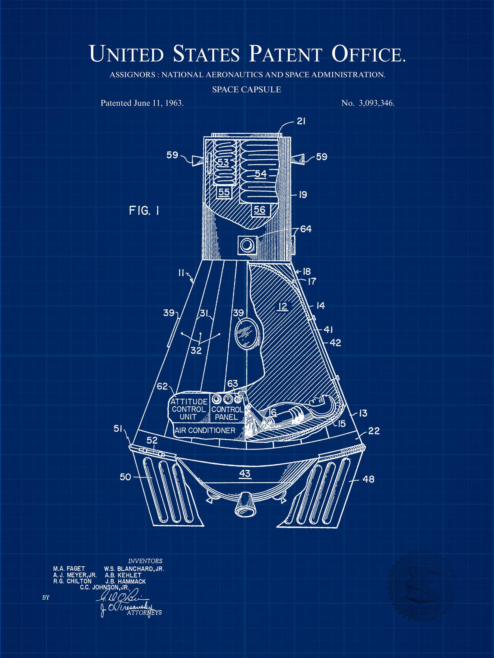 Early Space Exploration Decor | 1963 NASA Space Capsule Patent | Space ...