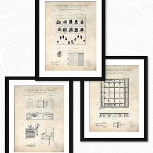 May include: Three framed vintage patent prints, each with a different design. The top print shows a fingerprint identification system, the middle print shows a chair and a machine, and the bottom print shows a grid pattern.