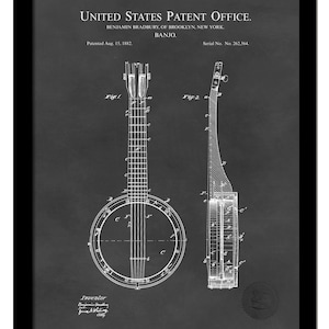 May include: A black and white illustration of a banjo patent drawing. The patent was filed by Benjamin Bradbury of Brooklyn, New York on August 15, 1882. The patent number is 262,564.